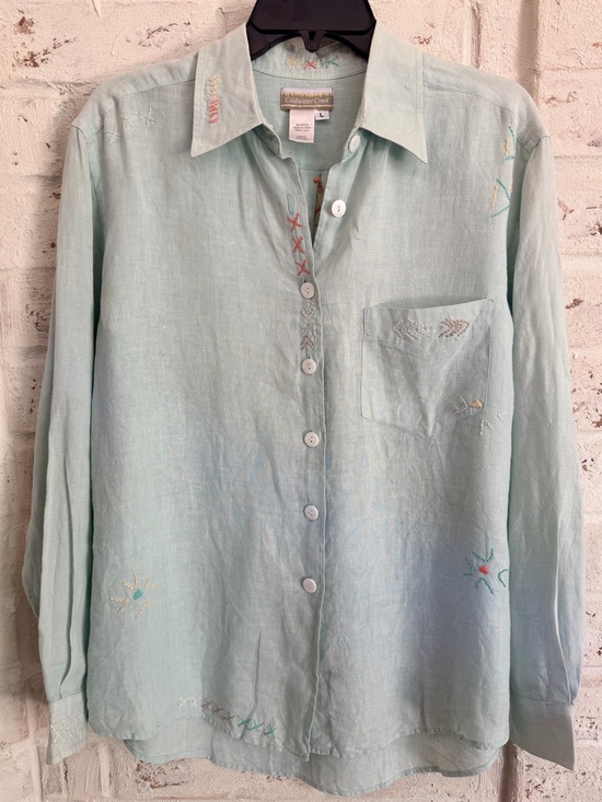 Coldwater Creek Tops - Coldwater Creek 100% Linen Embroidered Button Down Shirt Mint Green L